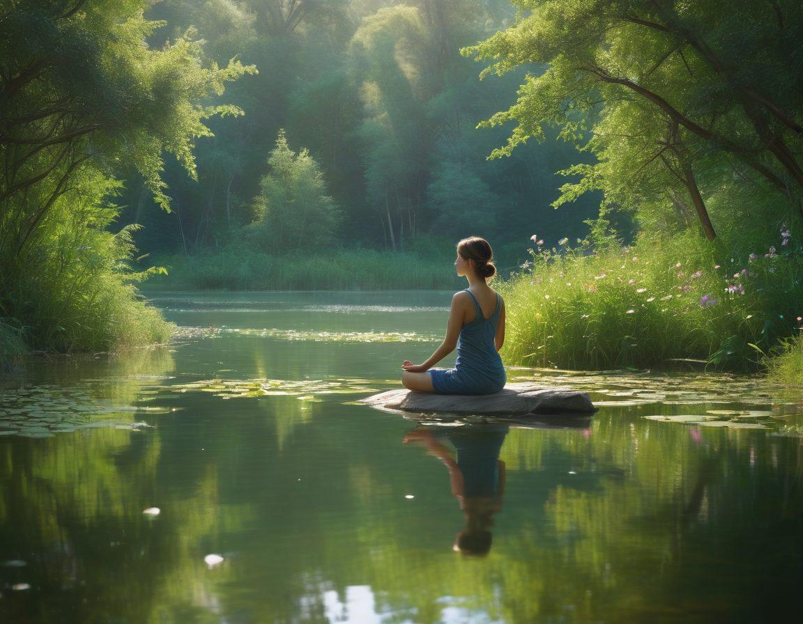 A serene scene depicting a person meditating at the edge of a tranquil lake, surrounded by lush greenery and soft morning light. The figure appears content and in harmony with nature, with radiant energy rippling outward, symbolizing self-acceptance. Gentle ripples in the water reflect the peaceful surroundings and a balanced aura of colors. Include subtle elements like butterflies and blooming flowers to enhance the theme of growth and affection. super-realistic. vibrant colors. tranquil atmosphere.