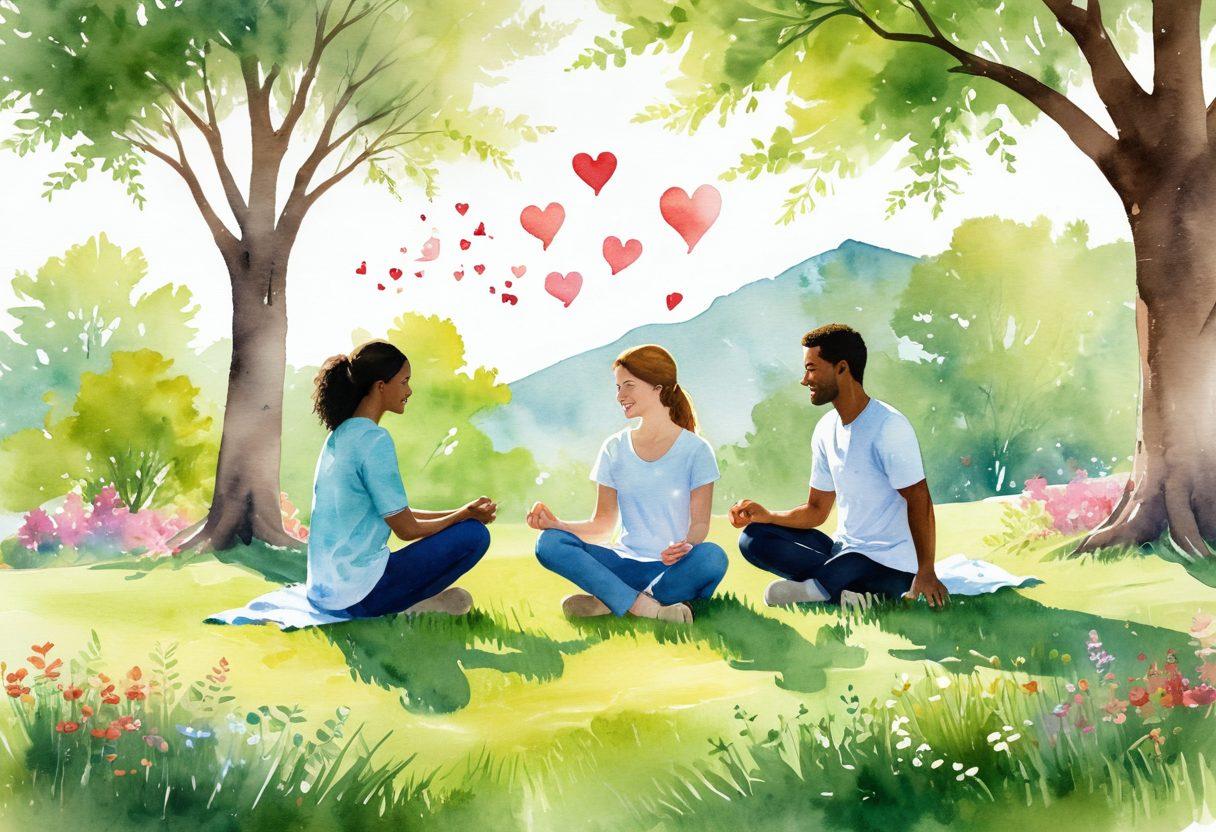 A serene scene depicting two individuals sitting cross-legged on a grassy hill, engaging in conversation with warm smiles, surrounded by blooming flowers and gentle sunlight filtering through trees. Soft focused elements like hearts and mindfulness symbols in the background, conveying tranquility and connection. vibrant colors. peaceful atmosphere. watercolor style.