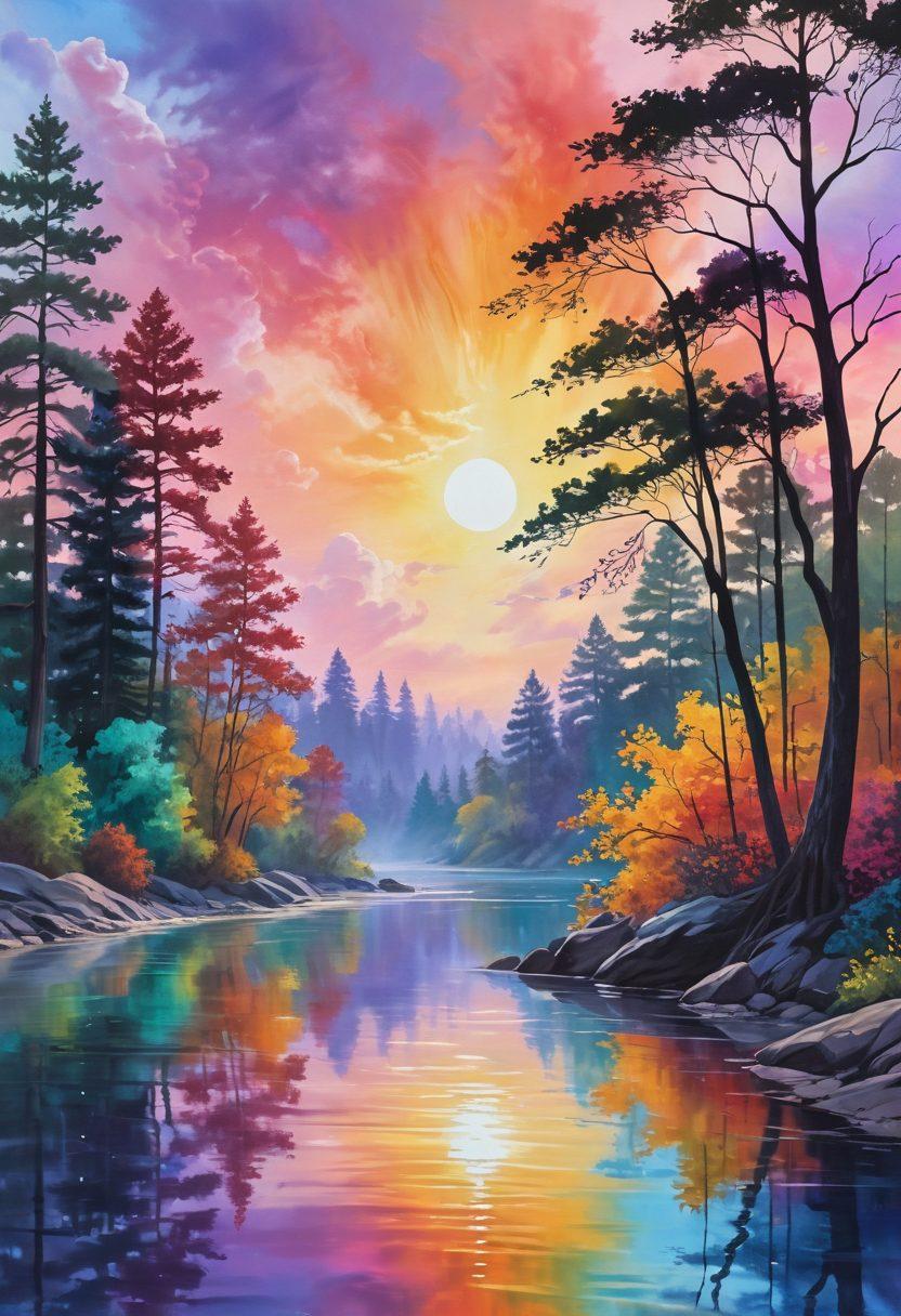 A serene landscape with a flowing river symbolizing emotional wellness, surrounded by diverse trees representing authentic love. Above, a bright sky filled with soft, ethereal clouds that blend into a spectrum of colors, illustrating harmony. Add silhouettes of people embracing each other, radiating warmth and connection. Include gentle waves in the water reflecting the vibrant colors of the sky. soft painting style. vibrant colors. peaceful atmosphere.
